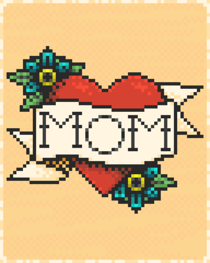 pixel art of a traditional tattoo of a heart with the word mom over it