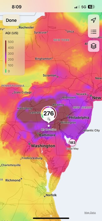 Air quality map showing my friendâ€™s location right in the middle of the worst of it. ï¿¼