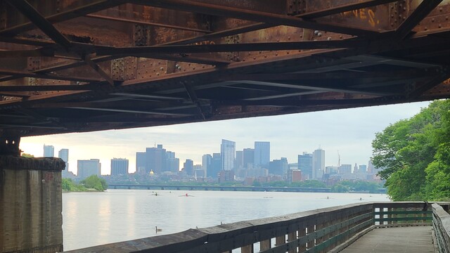 Boston skyline taken under a bridge