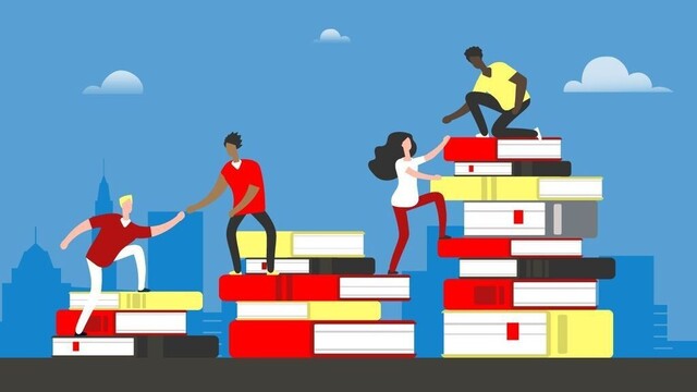 Three stacks of gigantic books, each stack taller than the last, with two pairs of people climbing them. In each pair, the person higher up on the stacks is reaching down to give the one below them a hand up.