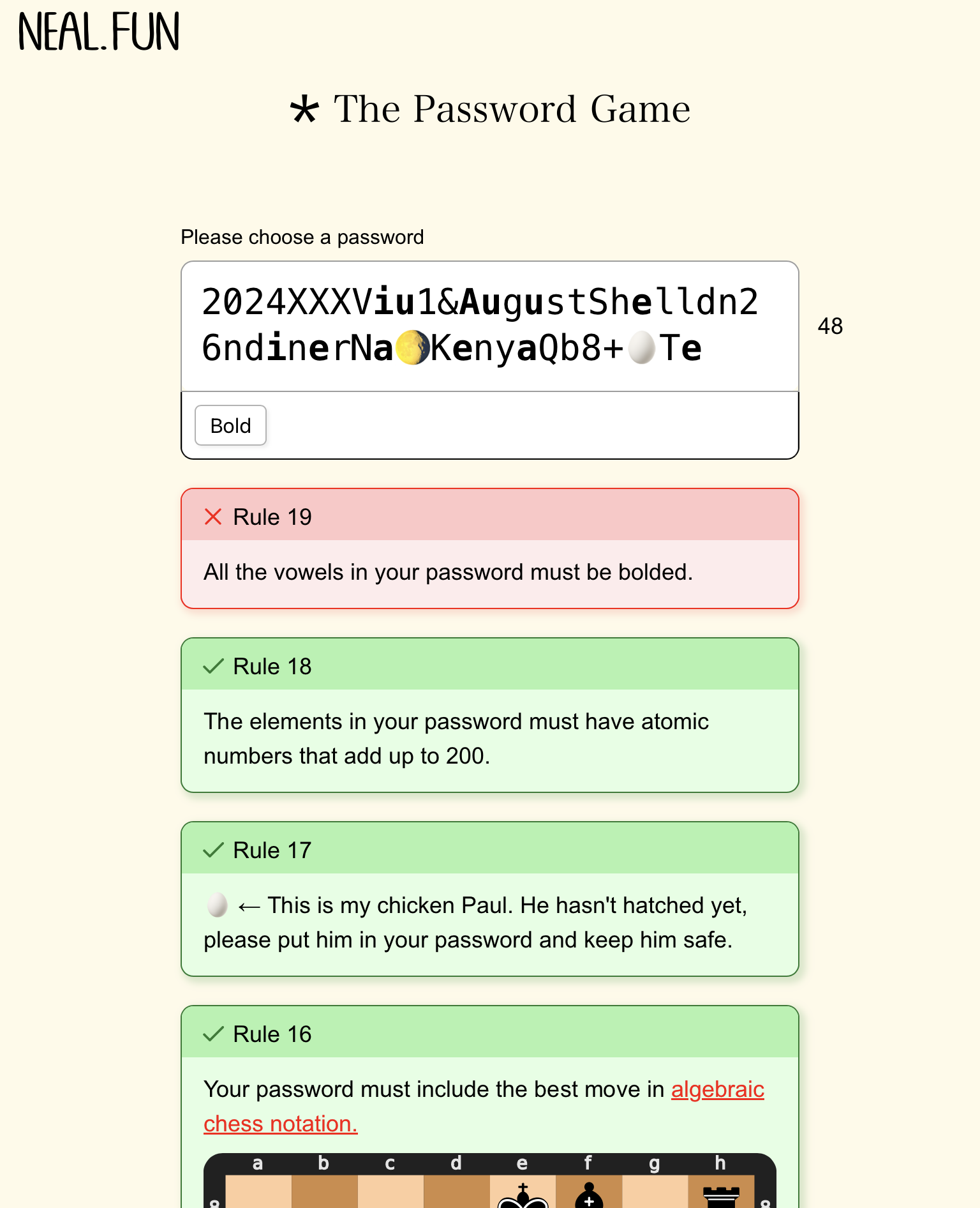 Best move in algebraic chess notation, Password Game rule 16 answers