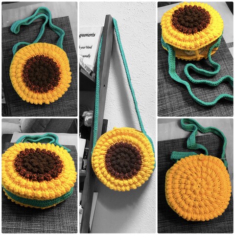 A collage of 5 pictures of a crocheted bag that mimics a sunflower with green edging and strap. The pictures are color washed so only the yellow, green, brown and orange in the bag show.