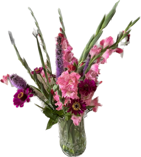 Pink gladiolus, purple spikes of liatris and purple zinnia in a tall glass vase. Black background.