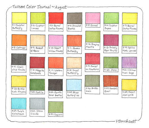 Tucson Color Journal ~ August - watercolor art in which I painted 1 color/day of nature seen in or from my yard in August in Tucson, AZ, USA