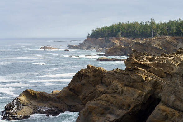 Test photo using a Sony a7rIV raw photo, with no sharpening, showing a color seascape photo of a rugged Oregon coastline jutting out into the blue waters of the Pacific Ocean early in the morning, with an evergreen forest situated atop the rocky cliffs.