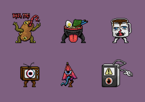 A collection of 6 pixel art characters set against a plain purple background. From left to right, top to bottom: 1: A potato monster with arms and legs and 3 eyeballs. It has a long twisting slimy tongue and text next to it that reads "BOIL ME!". 2: A black ramen bowl with 2 legs, a giant smiling mouth with its tongue hanging out. In the bowl are noodles, an egg, a strip of seaweed, and chopsticks. 3: A coffee cup with blue eyes, 2 legs, and a mouth. Its pouring its own coffee towards its tongue. 4: A brown tube tv with 2 legs and broken antennae. The screen is a color distorted eye. 5: A pink-ish tattered umbrella with one angry eye, a gnarled brown leg, an a winding blue tongue. 6: An iPod with an orange eye for a click wheel, an error message on the screen, a black front case, and a headphone wire that has a grasping hand instead of ear pieces. 