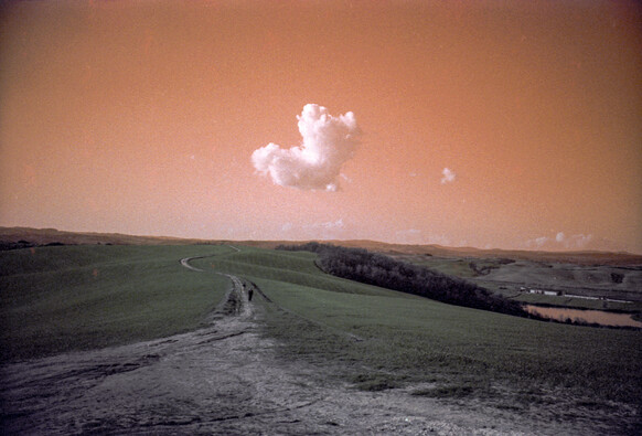 An orange sky and a tiny cloud hovering over sweet & quiet green hills in Tuscany. Colours are shifted to orange since the photo was taken with analog Lomography LomoChrome Turquoise 400 35mm film and a Lomography LC-A camera.
