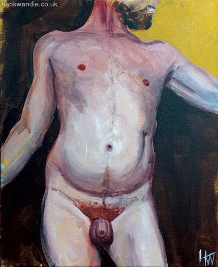 a 16x20 inch painting of a male torso, cropped at the chin to mid thigh. the head is suggested rather than painted in, the arms reach out of frame, and the dark brown background remains unfinished