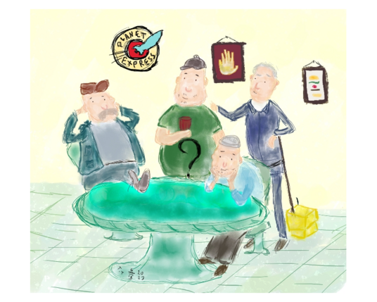 Digital drawing. Three men around a bright green table. The wall is light yellow, the floor light green. The men are, from right to left, Scruffy from Futurama, Soos from Gravity Falls, Teddy and Mr Branca from Bob's Burgers. On the wall hang: The Planet Express logo, picture of a six fingered hand, and a picture of a burger.