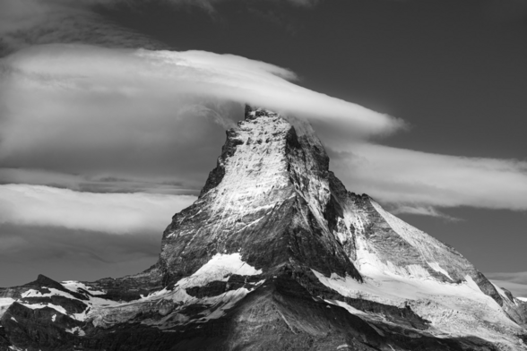 The Matterhorn with sweeping clouds in monochrome 