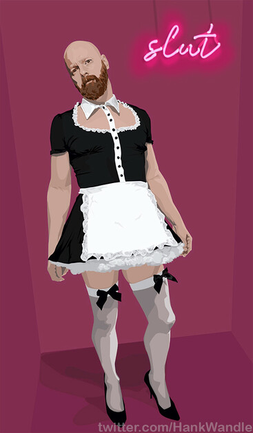 a vector art drawing of a bald bearded man dressed in a french maid outfit including stockings and court shoes in a stylised pink room. Behind him a neon sign says 'slut'