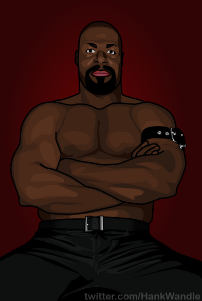 a vector art portrait of a heavily muscled bearded black guy sitting looking directly at the viewer. he is topless apart from a leather arm cuff, and wears black leather trousers.