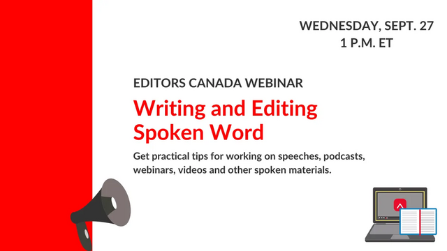 Megaphone, notebook and laptop with Editors Canada logo on its screen, below text "Editors Canada webinar: Writing and Editing Spoken Word, Wednesday, Sept. 27, 1 p.m. ET"