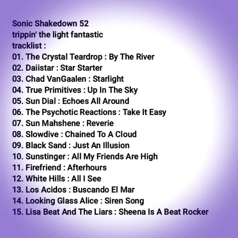 ~ Sonic Shakedown 52 ~
trippin' the light fantastic 
https://www.mixcloud.com/sequinworld/sonic-shakedown-52/
enjoy! 💃