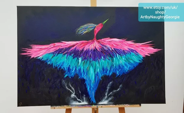 Acrylic painting depicting a bird rising from smoke, in pinks, purples, and blues 
Tagged with www.etsy.com/uk/shop/ArtbyNaughtyGeorgie