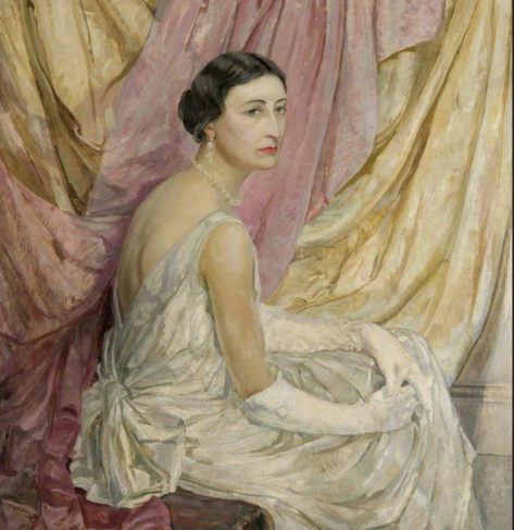 A portrait of Lilias Mackinnon by Alexander Stuart-Hill (1920); a white woman with dark hair, wearing a white gown and long white gloves