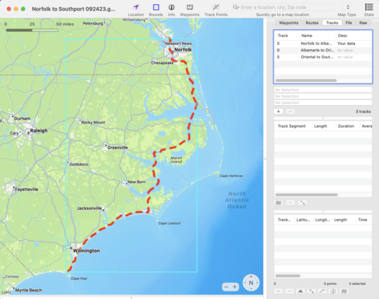 Screenshot from the GPX edit app that I use to split a very large GPS tracks into multiple smaller tracks. On the left side of the screen is a large map that can show the entire track; this one runs from Norfork, Virginia to Southport, North Carolina. On the right side of the screen is a list of the tracks that I created as well as some other empty boxes that would fill with information if I clicked one of those tracks.