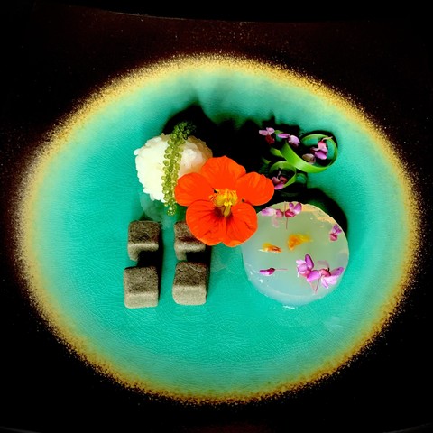 A pic of food on a black plate with a turquoise circle center with the turquoise bordered with yellow. Top left is a rice onigiri ball with seaweed pearls lain overtop. Top right is redbud flowers and daylily leaves curled like ribbons. Bottom right is agar agar jelly that has rosebud flowers and lemon suspended in the jelly. Bottom left are live oak acorn noodle squares and in the center is a vivid dark orange nasturtium flower. 