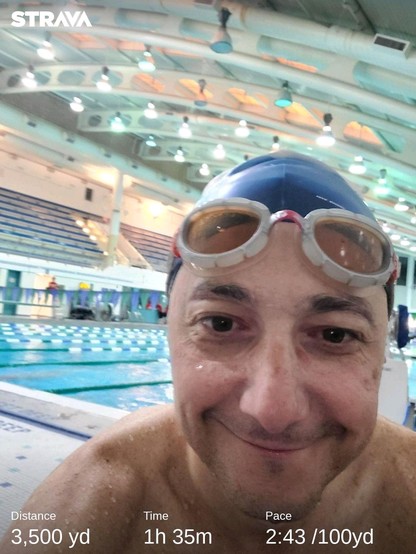 Selfie in the swimming pool wearing my goggles on my front. I have a blue and white swim cap and behind me there is the pool and the spectator seats (empty at this time of the day)