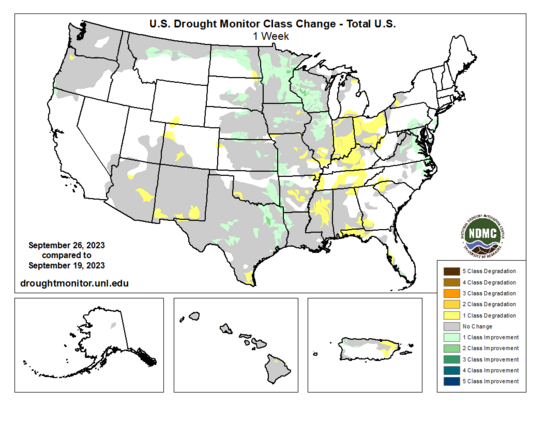 The U.S. Drought Monitor change map comparing conditions from Sept. 26, 2023 to Sept. 19, 2023.