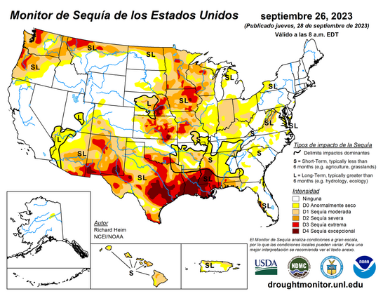 Mapa en español del Monitor de Sequía de EE.UU. del 28 de septiembre de 2023