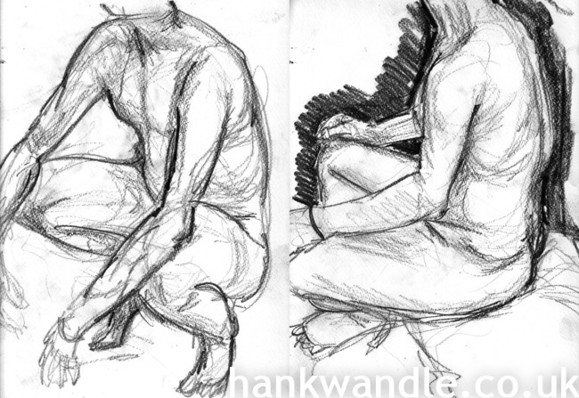 2 pencil sketches of a male nude, one in which the subject is squatting, the other he sits cross-legged. both done in heavy pencil