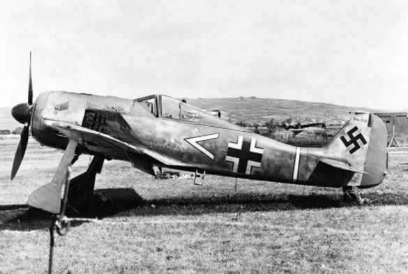 Focke-Wulf Fw 190A-3 Würger, Wk. Nr. 313, single chevron, Stab III./JG2, flown by Oblt Arnim Faber. This aircraft landed in error at RAF Pembrey in South Wales on 23 June 1942. This Fw 190 was coded MP499 by the RAF. It was the first of its type to fall into Allied hands, and after its capture it was taken by road to Farnborough and flown extensively in comparative trials with Allied fighters.
