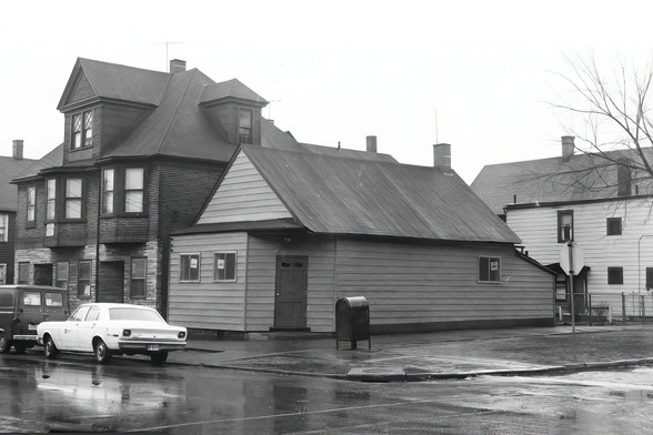 This 1969 and the 1963 photo are from the City of Cleveland Zoning Appeals catalog, photographer unknown, courtesy of the Cleveland Public Library.
I have several photos of this corner over the last 20 years, including when it was the "615 Gallery," but I can't currently locate them. There was a biker bar (North Coast MC) on this property 30+ years ago.
The roof of "615" was replaced this summer, but it mysteriously caught fire when the job was nearly finished. The "617" on the corner, previously Stella's, appeared connected to "615." Both properties have been vacant for some time, and now they're both gone.