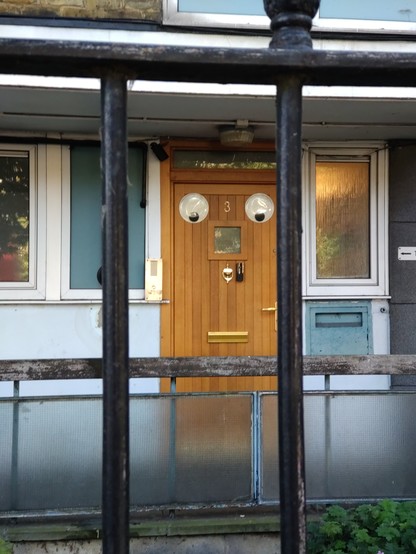 A brown wooden front door with a giant pair of googly eyes stuck on. It has a small square window  between the eyes, a brass letterbox lower down and the overall effect is of a face. 