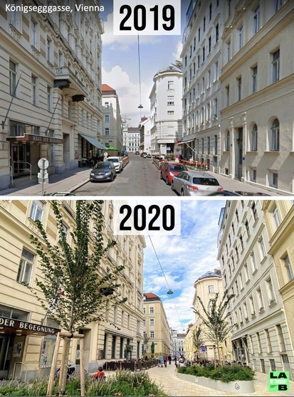 Pair of photos. The top one is from 2019 and is of a street with old buildings on either side with sidewalks. In the middle is road with parked cars lining both sides of the road. The bottom is from 2020. The cars are gone. The street now has plants and the street snakes around them. People can be seen walking in the distance on the street.