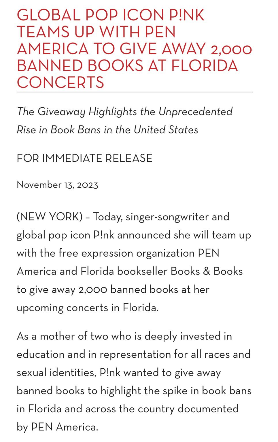 Global Pop Icon P!nk Teams Up with PEN America to Give Away 2,000 Banned  Books at Florida Concerts - PEN America
