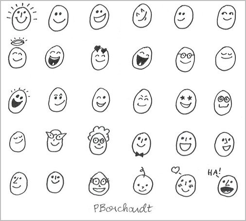 30 goofy smiley faces I drew in pen.