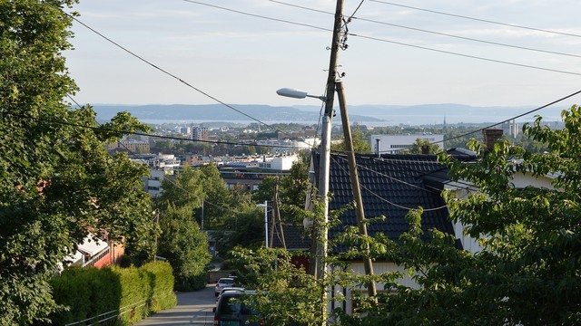 A photo on a street from the top of a hill. The city and the Oslofjord can be seen in the distance. There are many overhead cables and posts in the foreground.