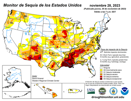 Mapa en español del Monitor de Sequía de EE.UU. del 30 de noviembre de 2023