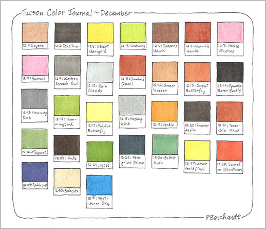 Tucson Color Journal ~ December: my watercolor & pen art showing one color/day of something from nature I saw in/from my Tucson, AZ yard in December including plants, animals, birds, arthropods, reptiles & skies.