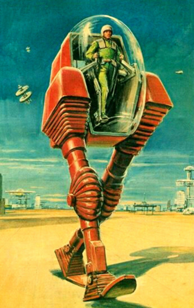 a retrofuturistic illustration from the 1950s of a human in a glass cockpit of a bipedal walker on an alien planet.