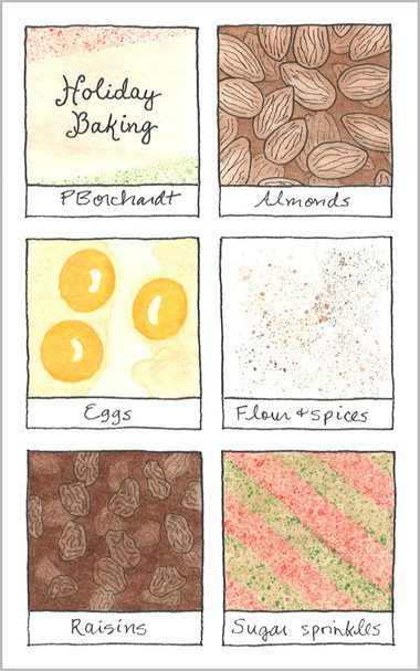 Watercolor & pen art of Holiday Baking ingredients, including Almonds, Eggs, Flour & spices, Raisins & Sugar sprinkles