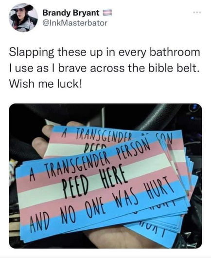 Brandy Bryant
@InkMasterbator 
Slapping these up in every bathroom I use as I brave across the bible belt. Wish me luck!

Photo of a stack of "A Transgender person peed here and no one was hurt"