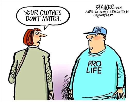 Political Cartoon by Stahler, 2023
AndrewsMcMeel Syndication GoComics.com

Lady passing a guy on the street: "Your clothes don't match"

The guy, wearing a Pro Gun hat and a Pro Life shirt.