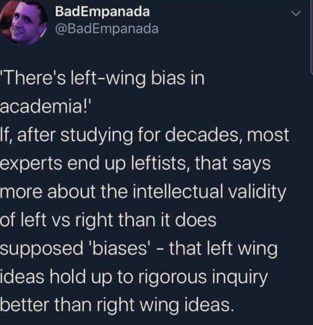 BadEmpanada @BadEmpanada ‘There's left-wing bias in ” academia!' If, after studying for decades, most experts end up leftists, that says more about the intellectual validity of left vs right than it does supposed 'biases' - that left wing ideas hold <br />up to rigorous inquiry better than right wing ideas.