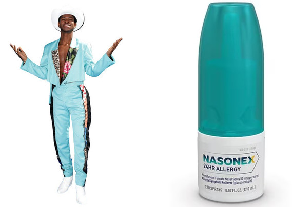 Lil Nas X, bottle of Nasonex, both in blue, Nas a baby blue, Nasonex a turquoise.