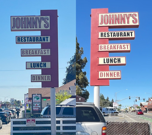 A tall, two-sided roadside sign--JOHNNY'S RESTAURANT BREAKFAST LUNCH DINNER--with a series of descending, one-word, progressively narrower text boxes, each slightly larger than the word it contains. The text boxes jut out from a tall central vertical rectangle. In the first photo, the boxes jut out to the left and are right-aligned. In the second photo, of the other side of the sign, the text boxes jut out to the right and are left-aligned. In each text box, the text--the word--is center-aligne…