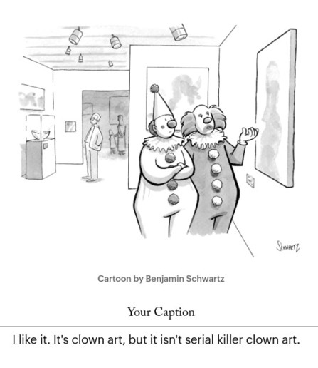 A cartoon of an art gallery with two clowns considering a painting on the wall