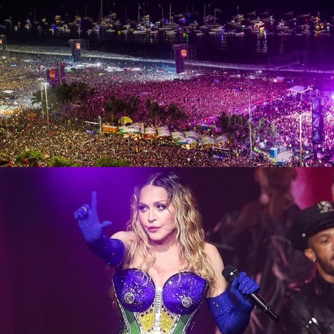 Aerial shot of 1.6 million fans at Madonna's Rio show & Madonna in a Brazilian flag inspired corset