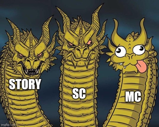 Three dragons meme.
The fierce dragon is labeled storyline,
the questioning faced dragon is labeled SC,
and the silly dragon is labeled MC.