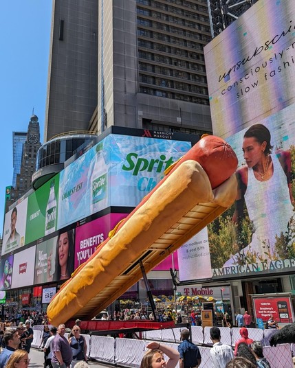Giant hotdog installation in Times Square
