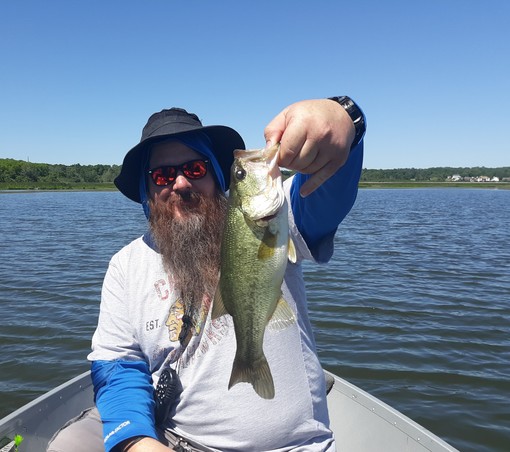 Man holding largemouth bass on a sunny day.