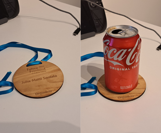 A wooden round coaster on the left without anything on top and on the right with a coke can on top.