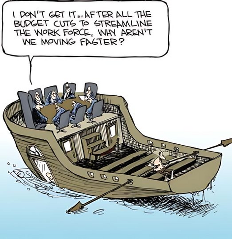 I DON'T GET IT, AFTER ALL THE BUDGET CUTS TO STREAMLINE THE WORK FORCE, WHY AREN'T WE MOVING FASTER?

[On the quarter deck of a ship, a conference table with board members around it complaining while a single rower tries to power the boat.]