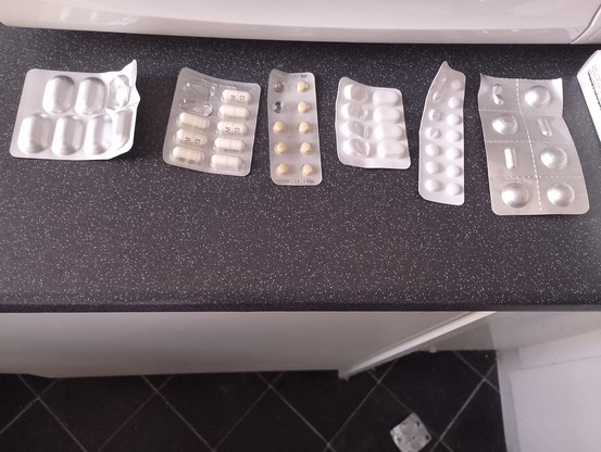 Multitude of pills, mostly containing the letter X and/or Z. Not pictured: coffee